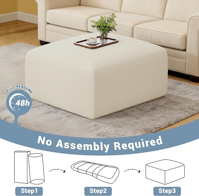 40" Square Stuffed Ottoman Pouf for Sofa Couch, Corduroy Poufs with Foam Chunk Filling, Furry & Fluffy Pouf Footstool Movable Ottoman. 40*31 Floor Poufs Foot Rest for Living Room, Beige(2 Piece Set)
