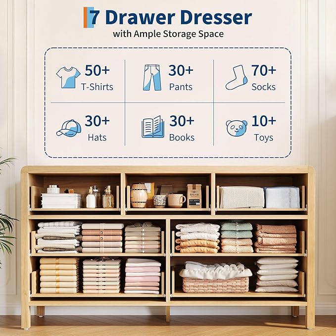IDEALHOUSE 7 Drawer Dresser for Bedroom, Wooden Chest of Dressers for Deep Drawers, Modern Dressers Organizer with Round Handle, TV Stand for Living Room, Bedroom, Hallway