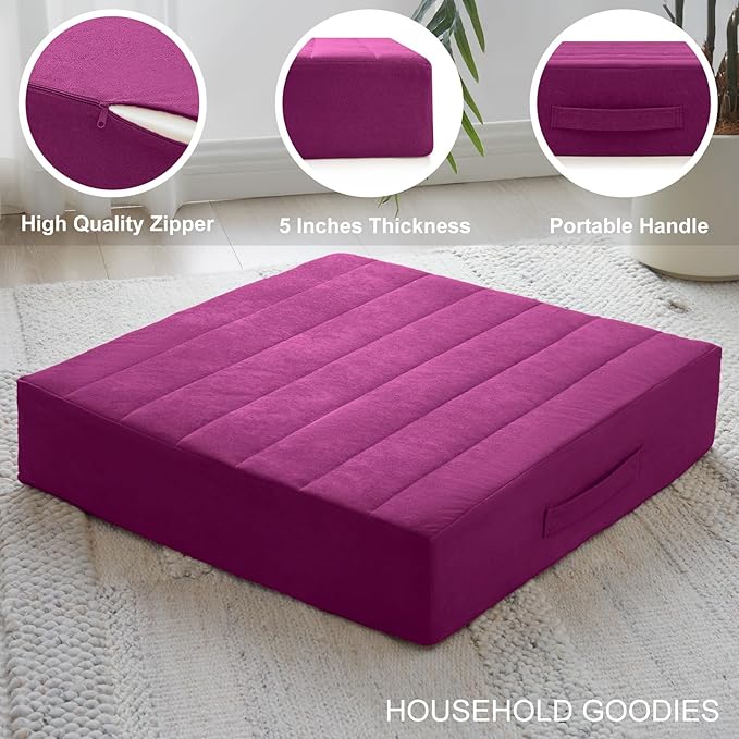 22 inches Floor Pillow for Adults - Large Meditation Cushion with Thick Foam - Premium Outdoor Square Floor Cushion Seat - Yoga Pillow for Sitting On Floor - Purple
