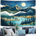 Accnicc Mountain Tapestry Nature Forest Tree Tapestries for Bedroom Aesthetic Starry Night Moon Stars Tapestrys Wall Hanging Teal Abstract Wall Tapestry for Dorm Living Room (Teal, 80'' × 60'')