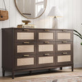 LINSY HOME Rattan Dresser with 9 Deep Drawers, 58" Wide Long Chest of Drawers, Mid Century Modern Tall Dresser, Large Wood Boho Storage Cabinet for Bedroom with Metal Handle and Durable Legs, Walnut