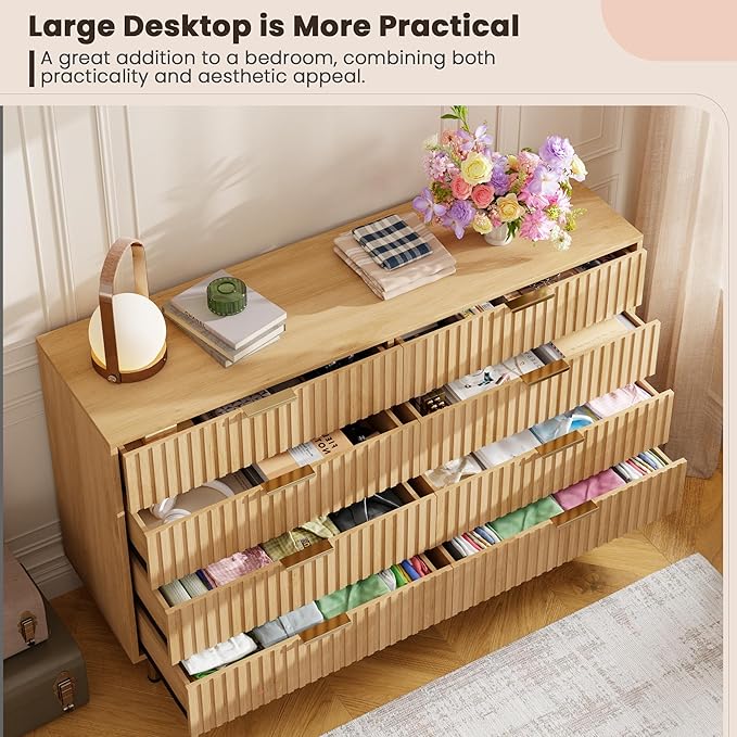 GarveeHome 8 Drawer Dresser for Bedroom, Fluted 55 in Wide Modern Chest of Drawers with Deep Drawers, Wooden Dresser Organizer for Living Room, Hallway, Kids Room, Natural