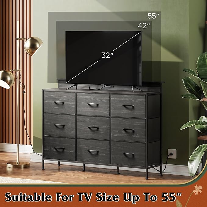 WLIVE Black Dresser TV Stand for 45, 50, 55 inch TV, Entertainment Center with LED Lights & Charging Station, Chest of drawers with 9 Fabric Drawers and Open Shelves for Living Room, Hallway, Wood Top