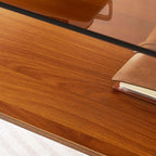 Oval Glass Coffee Table, Mid-Century Modern Design, L41 x W21 x H17 inch, for Living Room, 2-Tier Structure, Amber Glass Top and Walnut Finish Wood Shelf, Conical Legs with Gold Finish Frame