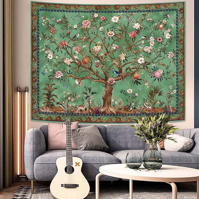 Faxdong Boho Tree of LIfe Tapestry, Vintage Flower Leaves Birds Plant Animal Pattern Tapestries, Retro Indian Bohemian Aesthetic Wall Hanging Green 60×80 inch