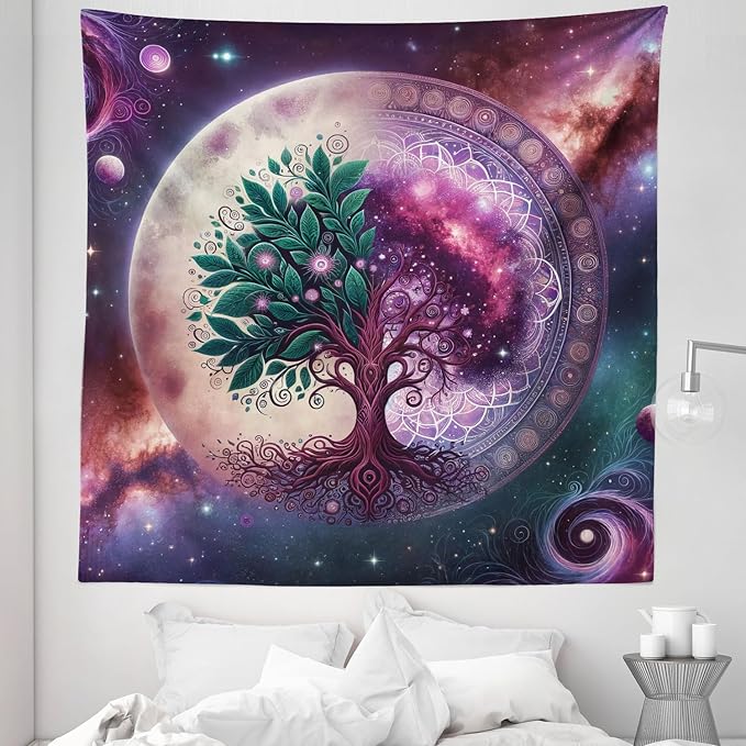 Ambesonne Purple Tapestry Queen Size, Galaxy Tree of Life Design Space and Earthy Side Branches Universe Art, Wall Hanging Bedspread Bed Cover Wall Decor, 88" X 88", Teal Plum and Lavender