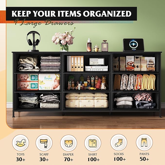 WLIVE 63''W Dresser for Bedroom, Black Dresser TV Stand for 65, 70, 75 inch TV, Wide Chest of Drawers with 9 Drawer, Large Entertainment Center, Fabric Dressers with Wood Top for Closet, Living Room
