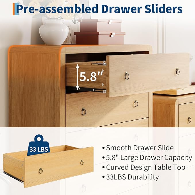 IDEALHOUSE 5-Drawer Dresser, Mid Century Modern Chest of Drawers, Drawer Chest Bedroom Organizer Cabinet with Metal Ring Pulls, Large Dresser Organizer for Bedroom Living Room Hallway Closet
