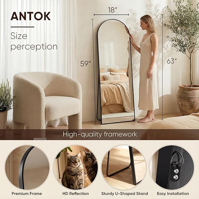 Antok Full Length Mirror, 59"x18" Floor Mirror, Arched Floor Standing Freestanding Arch Full Body Mirrors with Stand for Bedroom, Hanging Mounted for Living Room Cloakroom,Black