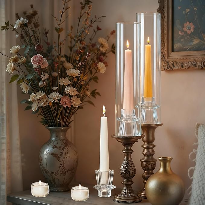 6 Set Glass Hurricane Candle Holders - 12" Tall Clear Glass Candlestick Holders for Taper Candles with Cylinder Chimney for Wedding, Party, and Home Table Centerpiece Decoration