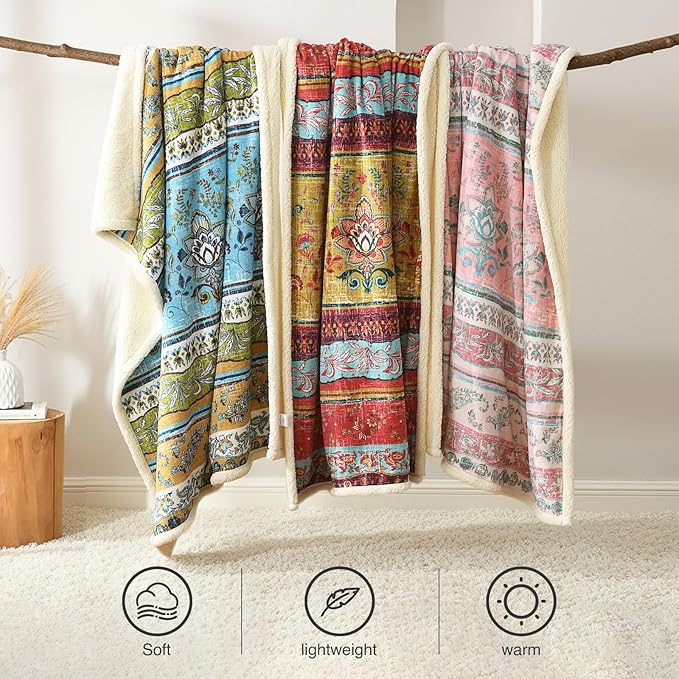 Boho Chic Sherpa Throw Blanket - Vibrant Bohemian Print & Ultra-Soft Cozy Lining, Stylish & Warm Winter Throw for Couch, Bed, or Décor