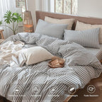 MooMee Striped Duvet Cover Set 100% Washed Cotton Linen Like Textured Breathable Durable Soft Comfy (Dark Grey White Classic Stripes, Queen 90"x90")