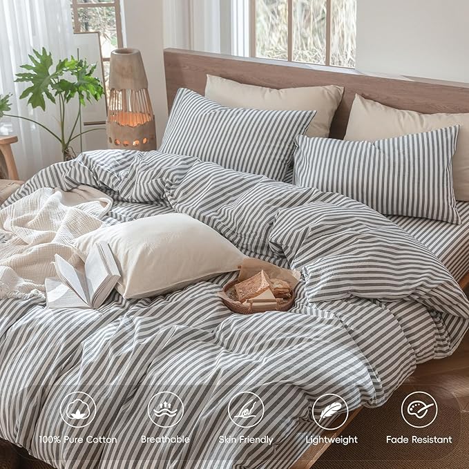 MooMee Striped Duvet Cover Set 100% Washed Cotton Linen Like Textured Breathable Durable Soft Comfy (Dark Grey White Classic Stripes, Super King 108"x98")
