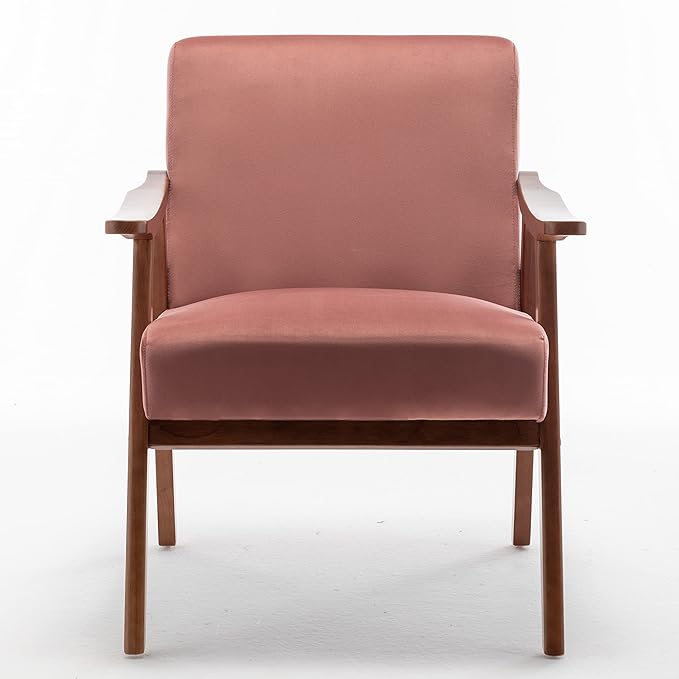Accent Chair with Microfiber Upholstery and Solid Wood Frame, Classic Mid-Century Modern Living Room Furniture for Extra Seating, Rose