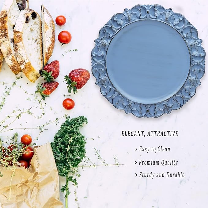 13" Antique Blue Charger Plates, Set of 6 Plastic Textured Chargers for Dinner Plates with Embossed Rim, Table Décor, Party, Wedding, Holiday