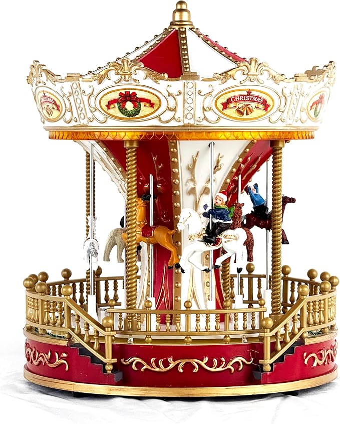 allgala Christmas Carousel Crafted Polyresin Like Christmas Village House Collectable Figurine with USB and Battery Dual Power Source-Carousel-XH93422
