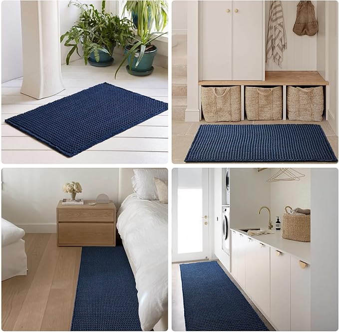 Waffle Bath Mat, Boho Bathroom Rugs Non Slip Washable Super Absorbent Quick Dry Bath Mat Farmhouse Bathroom Decor, 30"x20" Navy Blue