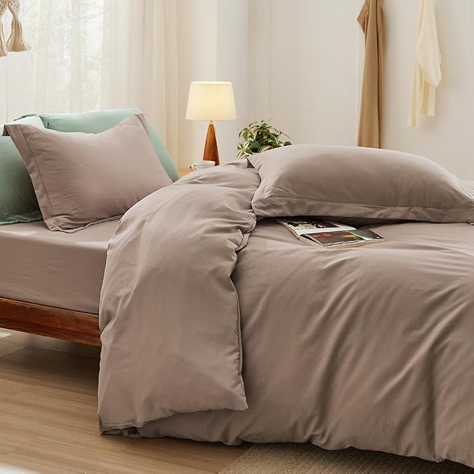 Bedsure California King Size Duvet Cover with Fitted Sheet - 4 Pieces Prewashed Cotton-Like Extra Soft Bedding Set, Includes 1 Duvet Cover 104x98 Inches, 2 Pillow Shams, 1 Fitted Sheet, Khaki