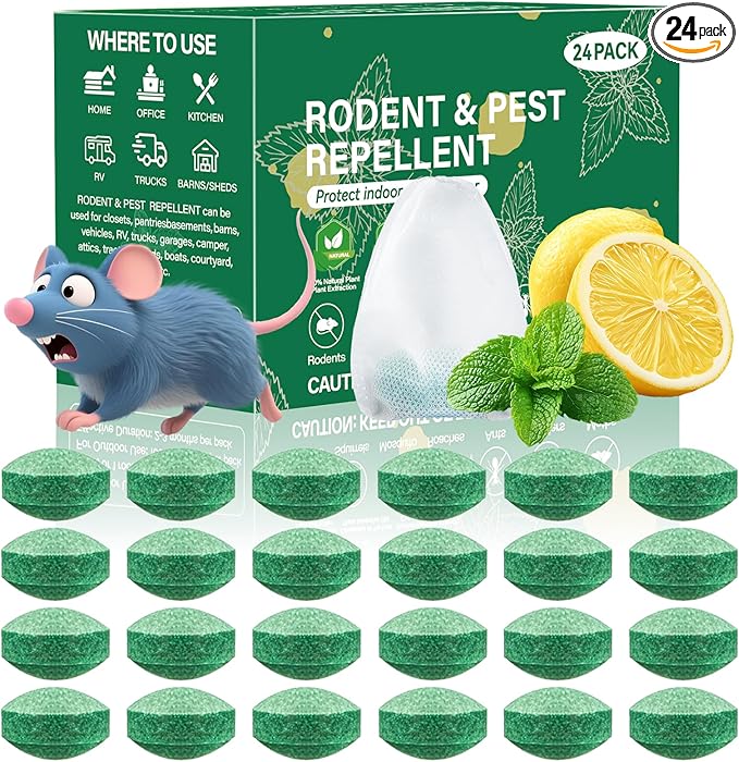 Pest Rodent Repellent, 24 Pack Peppermint Oil for Mouse, Rodent, Bugs,Mosquito,Roach, Ant, Spider Pest Repellent Indoor Outdoor Use, Powerful Natural Rodent Deterrent for House, Warehouse, Garage (24)