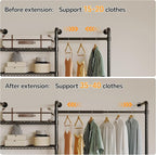 W4 Industrial Pipe Clothing Rack Wall Mounted Closet System Expandable Clothes Rack for Hanging Clothes, Heavy Duty Garment Rack Adjustable for Walk in Closet, Black