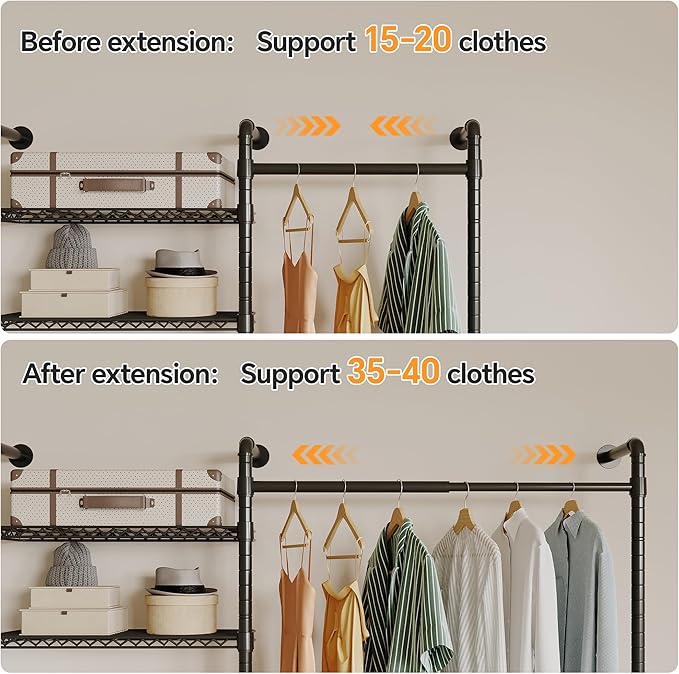 W4 Industrial Pipe Clothing Rack Wall Mounted Closet System Expandable Clothes Rack for Hanging Clothes, Heavy Duty Garment Rack Adjustable for Walk in Closet, Black