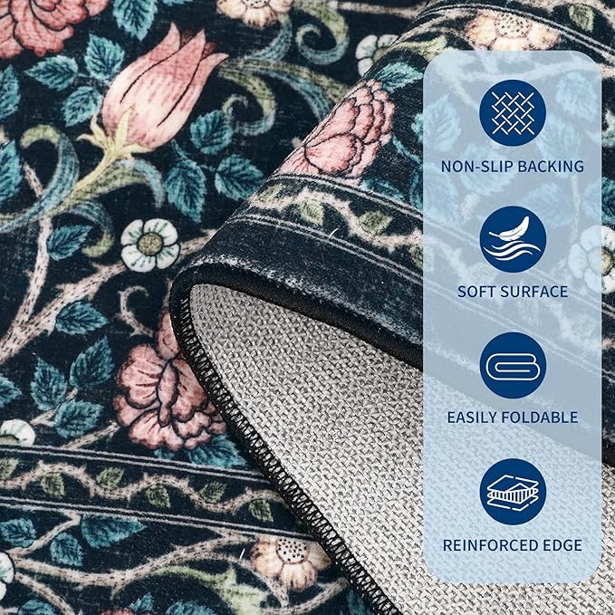 GarveeHome Indigo Blue and Pink Vintage Floral Washable 5x7 Area Rugs for Living Room Boho Retro Rug Low Pile Stain Resistance Non Slip Carpet for Bedroom Nursery Dining Room