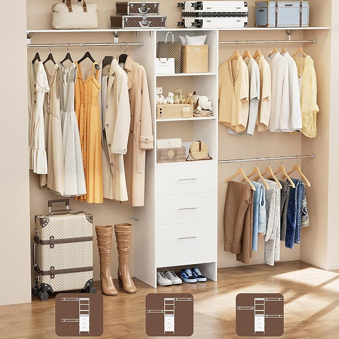Walk in Closet Organizer System with 3 Extendable Hanging Rods, Built-in Garment Rack with 6 Shelves, Wall Mounted Clothes Organizers Storage Systems for Bedroom