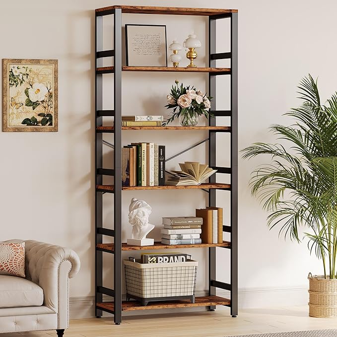 IRONCK Bookshelf, 31.5in Wide Shelf 6 Tier Bookcase, 110lbs/shelf Vintage Industrial Style Bookshelves for Bedroom, Living Room and Home Office, Vintage Brown
