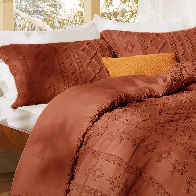 Bedsure Tufted Boho Comforter Set California King - Terracotta Boho Bed Set, GentleSoft™ 3 Pieces Farmhouse Shabby Chic Embroidery Bedding, Gifts for Woman, Soft Jacquard Comforter for All Seasons