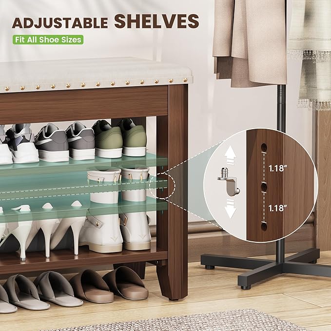 Shoe Bench for Entryway, Solid Rubberwood Shoe Bench with Hidden Storage, Adjustable 2-Tier Shelves & Soft PU Leather Seat, Shoe Rack Durable Easy Assembly for Hallway or Bedroom - Beige, 31.5"
