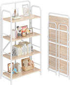 4NM No Assembly Folding Bookshelf, 4 Tiers Collapsible Book Shelves Open Industrial Foldable Storage Bookcase Shelf for Bedroom, Living Room, Home Office - Natural and White