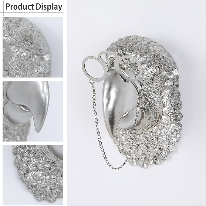 UITWMKTG Silver Animal Head Wall Decor Modern Home Decor Resin Animal Sculptures Wall Mount Vintage Head Wall Art for Living Room Hanging Decoration Parrot