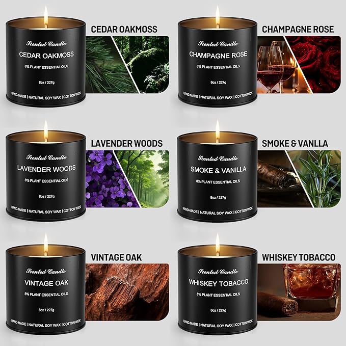 6 Pack Scented Candles for Men, Masculine Scented Candles Gift Set, Luxury Aromatherapy Soy Wax Candles with Essential Oils, Strong Scented Long Lasting Natural Soy Candles, Gifts for Men