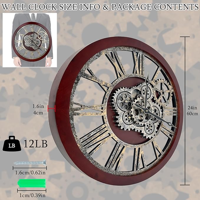 HOIBAI Large Wall Clock, Wall Clocks for Living Room Decor 30 Inch Farmhouse Vintage Rustic Kitchen Wall Decor Vintage Roman Oversized Wall Clock for Home Bedroom House , Moving Gears Clock
