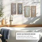 3D Wooden Floral Bathroom Wall Decor (Set of 4) Lightweight, Ready-to-Hang Framed Wall Art For Living Room, Bedroom, or Office - Premium Boho Botanical Farmhouse Decorations - Gift-Boxed