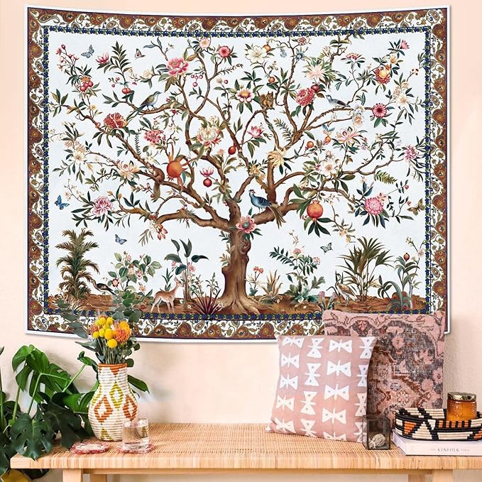 Faxdong Boho Tree of LIfe Tapestry, Vintage Flower Leaves Birds Plant Animal Pattern Tapestries, Retro Indian Bohemian Aesthetic Wall Hanging White 44×60 inch