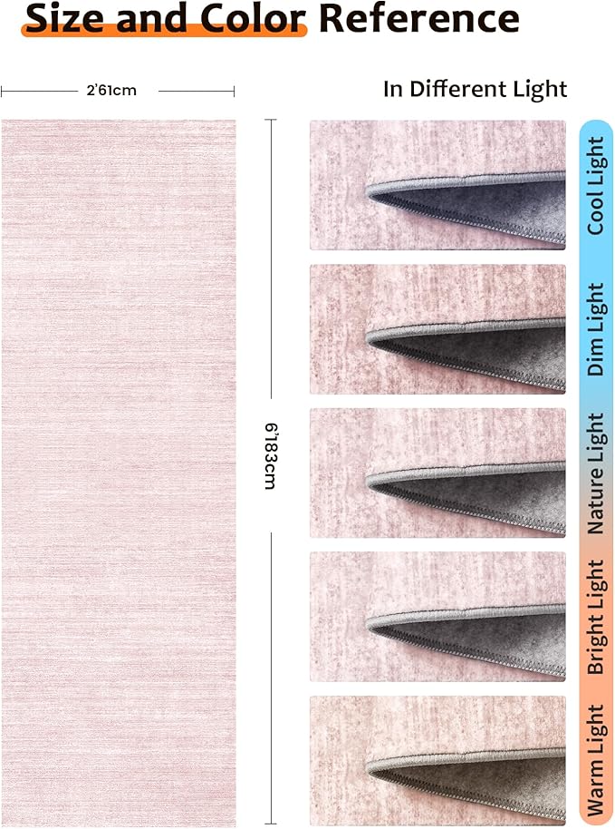 Art&Tuft Non-Slip Runner Rug - 2x6 Runner Rug Washable Low-Pile Rugs Runners, Soft Distressed Carpet Runner for Bedroom Bathroom Kitchen Laundry Living Room, Lightpink