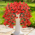 Artificial Hanging Flowers for Outdoors, 4 PCS UV Resistant Faux Plants Silk Realistic 150 Morning Glory Each Vines, Fake Plastic Floral for Garden Patio Spring Summer Decor, Red
