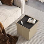YOUDENOVA 15 inches Storage Ottoman Cube, Foldable Storage Boxes, Padded Seat for Dorm Living Room, Support 300lbs, Line Fabric Beige