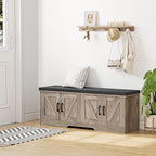 2-Tier Storage Bench, 47.2" Wide Shoe Bench with Padded Seat Cushion, Entryway Bench with 4 Barn Doors and Adjustable Shelf, Greige