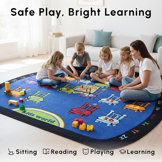 SAFECASTLE Chairs 16 Seats Kids Educational Area Rug – 6'6" x 8'4" – Colorful Numbered Seating Layout with Alphabet Border – Classroom Seating Kids Carpet for Preschool, Daycare & Kindergarten