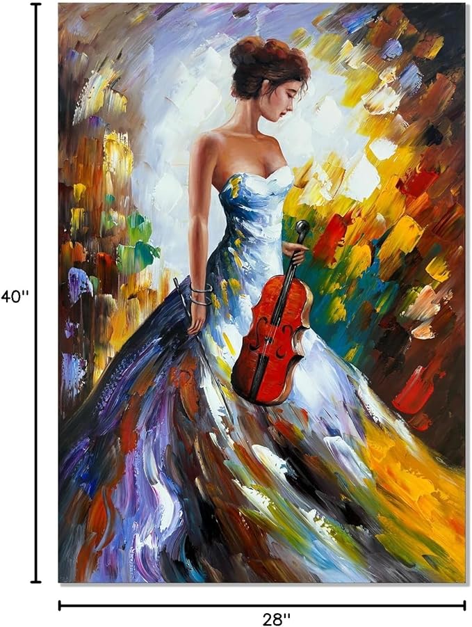 zoinart Hand Painted Modern 3D Oil Paintings on Canvas Wall Art 28x40 Inches Fiddler Girl Abstract Vertical Wall Art Large Framed Artwork for Home Decorations Wall Decor