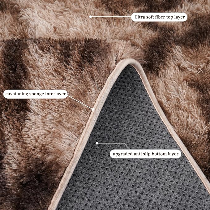 Small Rugs for Bedroom, Fluffy 2x3 Rug Throw Non Slip for Bedside Dorm Kids Room, Plush Comfy Shag Carpet for Home Decor Aesthetic, Tie-Dyed Brown