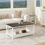 Farmhouse Coffee Table, White OakCoffee Table for Living Room, 2-Tier Rectangular Wooden Centre Cocktail Table with Slats Shelf Storage and V-Shaped Frame Modern Coffee Table Dark Oak
