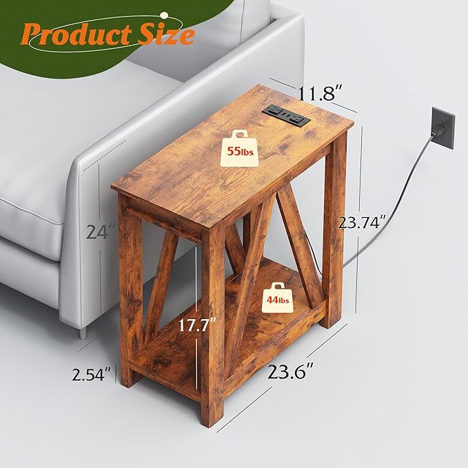 WLIVE Farmhouse End Table, Narrow Side Table with Charging Station, Slim End Table, Side Table for Bedroom, Living Room, Small Spaces, 2 USB and 2 Power Outlets, Rustic Brown