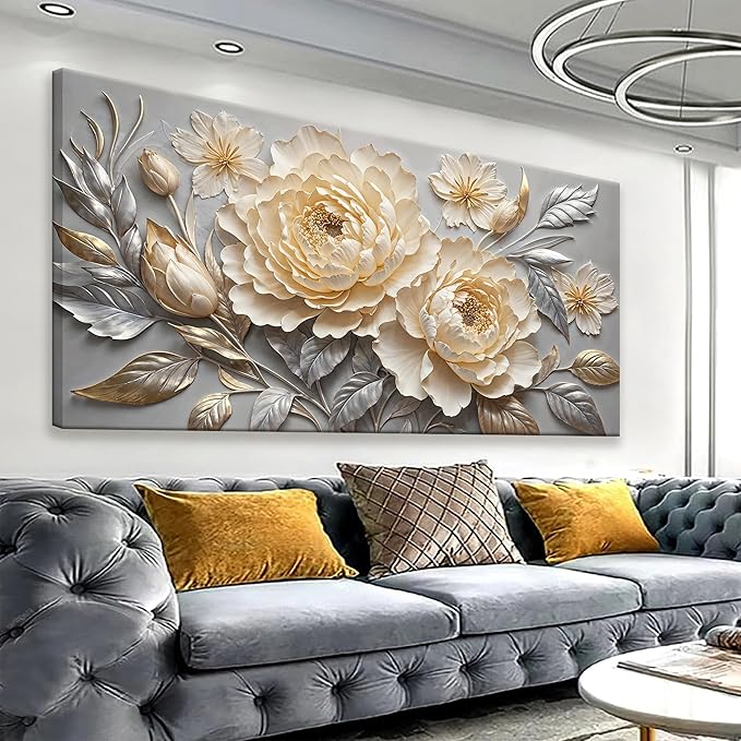Large Canvas Art Wall Decor Print Silver White Flowers Wall Art Picture Modern Landscape Artwork Painting Home Wall Decor Picture For Bedroom Living Room Home Office Prints Artwork 29" X 58"
