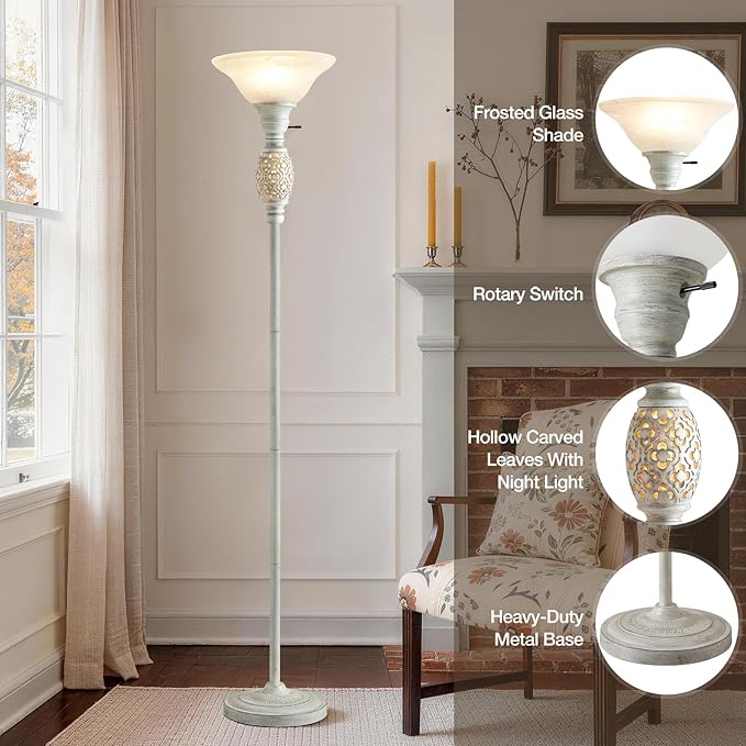 Luvkczc 70" Torchiere Floor Lamp with NightLight - Floor Lamps for Living Room, Bedroom, Office - Vintage Floor lamp with Rotary Switch & Etched Glass Shade, Home Decor, Bulb Included