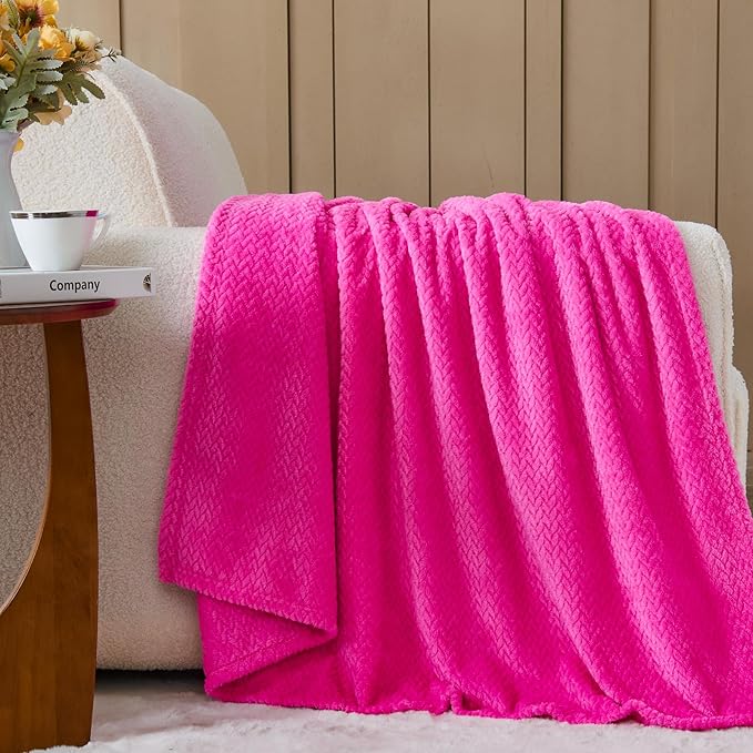 NEWCOSPLAY Super Soft Queen Blanket Hot Pink Premium Silky Flannel Fleece Leaves Pattern Lightweight Bed Blanket All Season Use (Hot Pink, Queen(90"x90"))