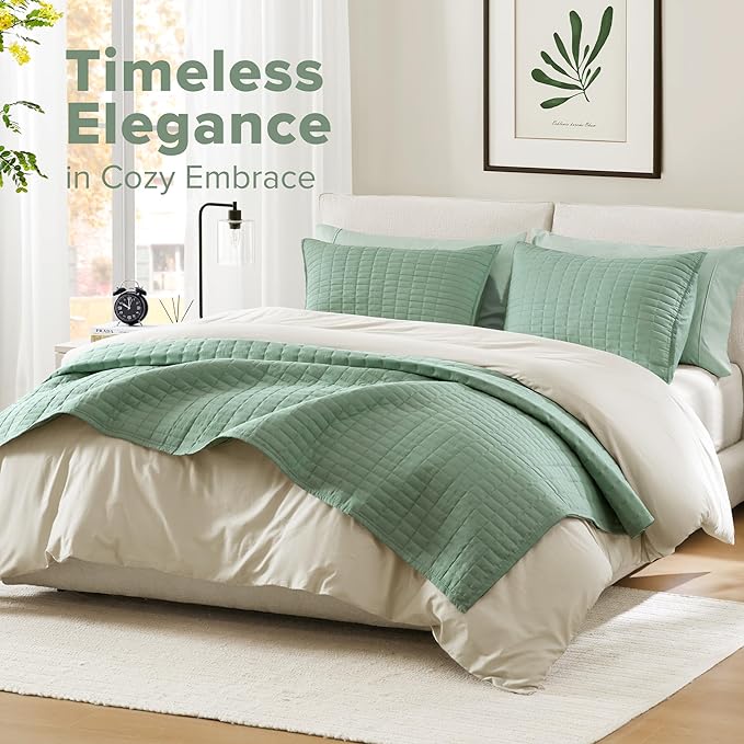 Comfort Spaces Kienna Quilt Set- Double Sided Stitching Design Summer Blanket, Lightweight, Soft, All Season Bedding Layer, Matching Sham, Sage Green, Coverlet King (104"x90") 3 Piece