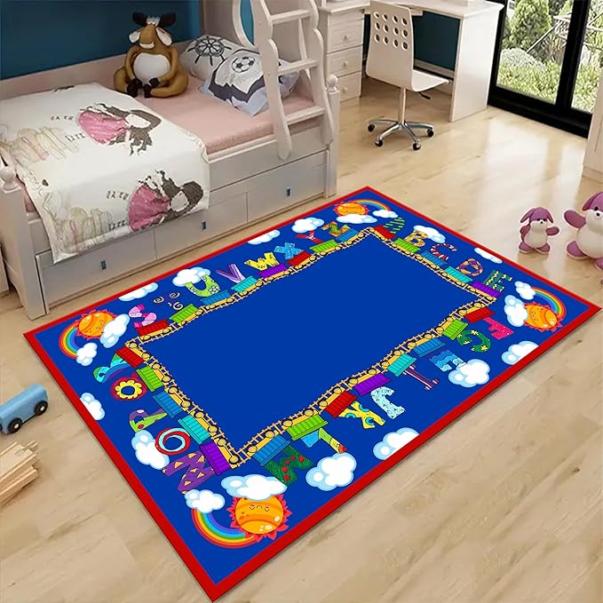 Train Play Rug 5x8ft for Kids - Educational Adventure Carpet with Tracks, Animals & Clouds, Low Pile Washable, Non-Slip Nursery Classroom Playroom Rug